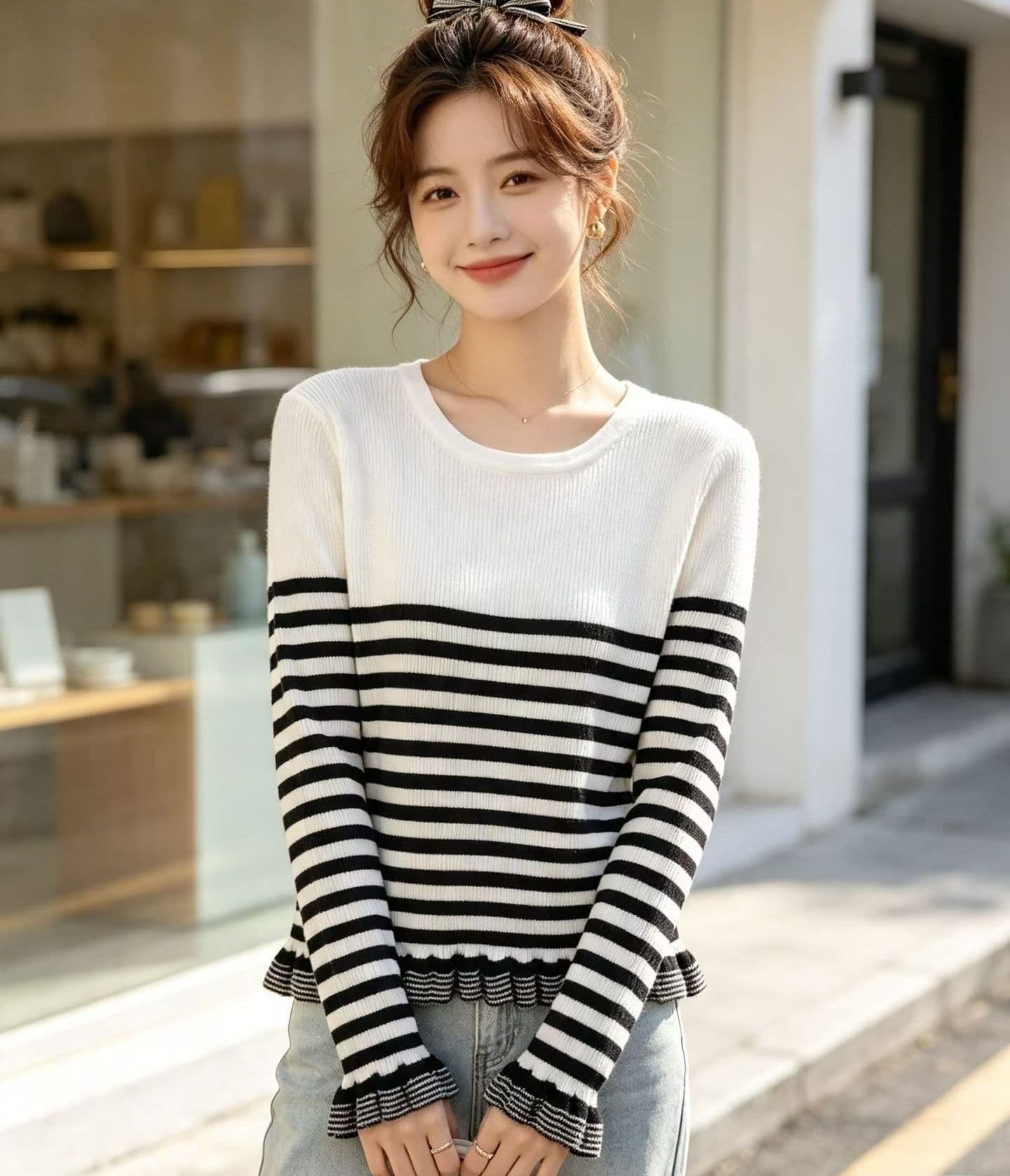 2026 패션 라운드 넥 배색 스트라이프 구덩이 기사 슬림해 보이는 프릴 풀오버 긴팔 이미지 2