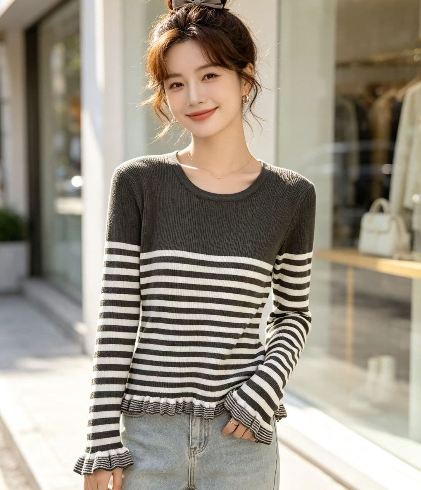 2026 패션 라운드 넥 배색 스트라이프 구덩이 기사 슬림해 보이는 프릴 풀오버 긴팔 상세 이미지 5