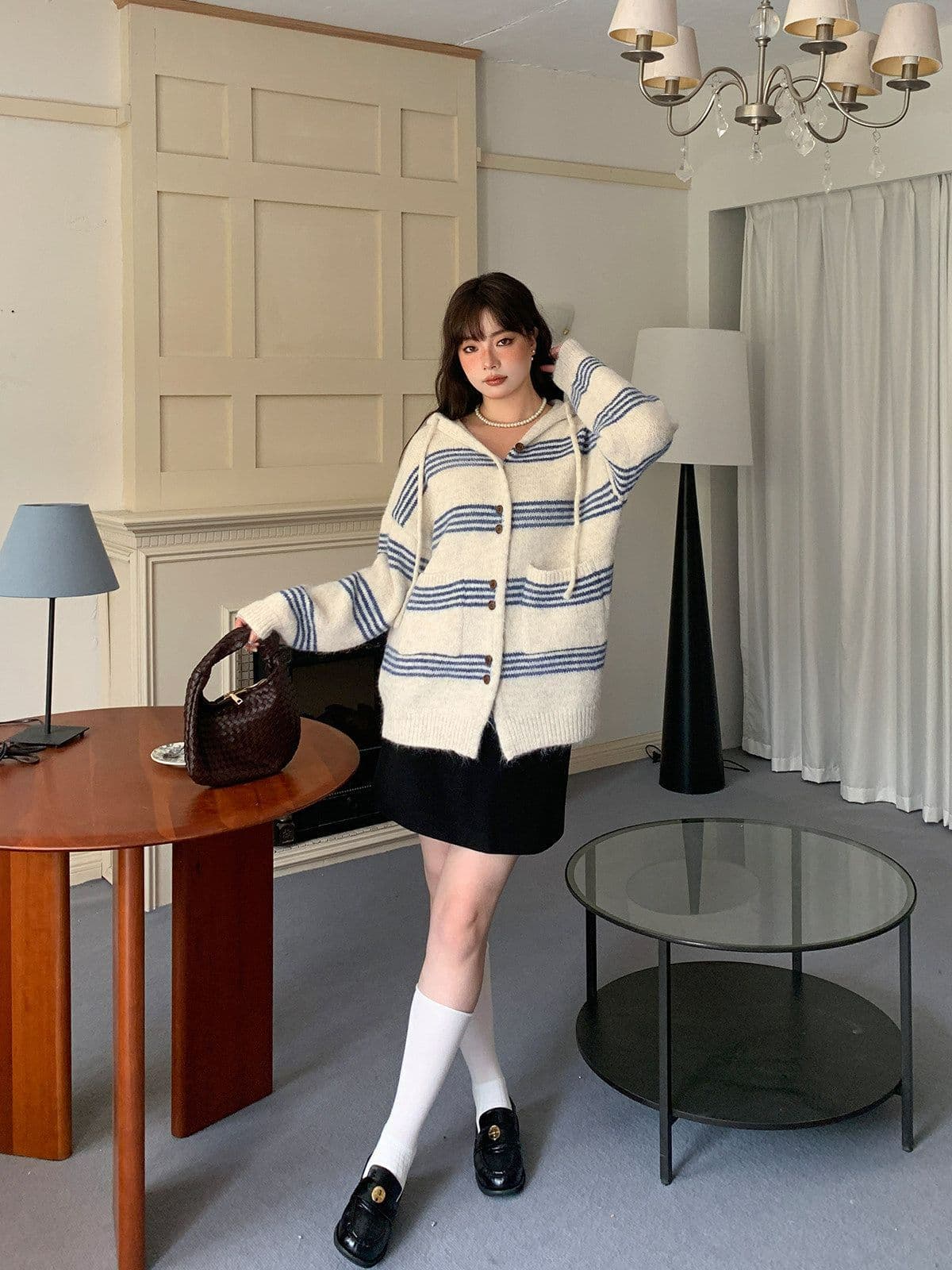 2026 년 가을 겨울 느긋한 바람 핀 스트라이프 후드 스웨터 오픈 가디건 한 부서 루즈핏 중간 길이 니트 재킷 맨위 상세 이미지 7