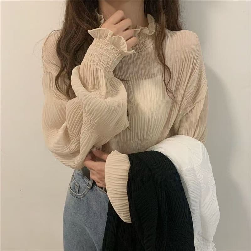 빅 사이즈 여성 의류 쉬폰 기본 셔츠 여성 지방 mm 봄 가을 단색 레이스 프릴 반하이넥 연령 감소 인사이드 잡아라. 의류