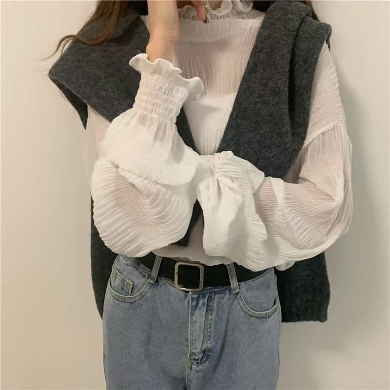 빅 사이즈 여성 의류 쉬폰 기본 셔츠 여성 지방 mm 봄 가을 단색 레이스 프릴 반하이넥 연령 감소 인사이드 잡아라. 의류 이미지 4