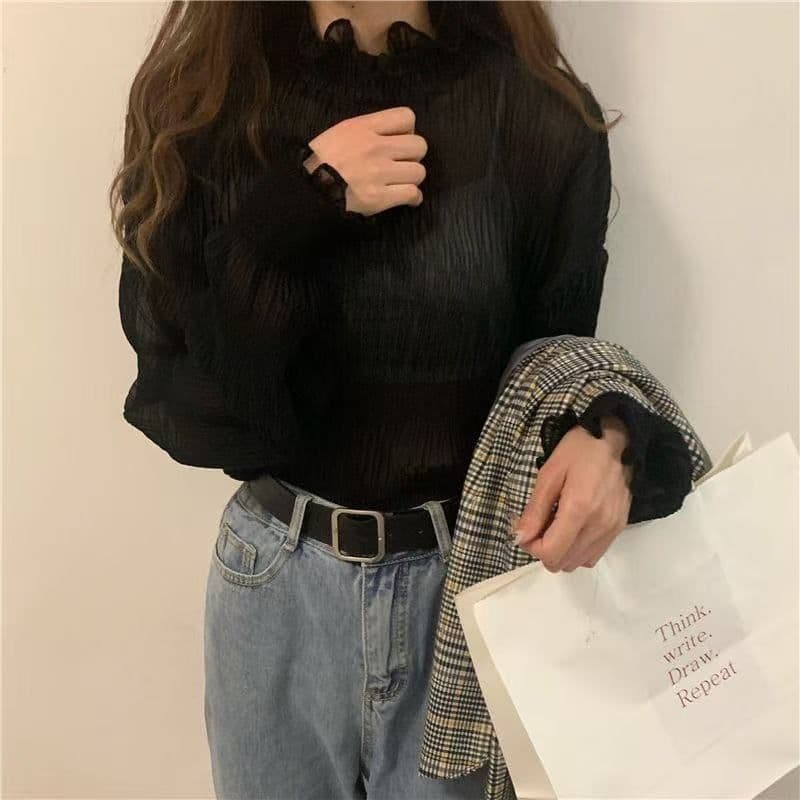 빅 사이즈 여성 의류 쉬폰 기본 셔츠 여성 지방 mm 봄 가을 단색 레이스 프릴 반하이넥 연령 감소 인사이드 잡아라. 의류 이미지 2