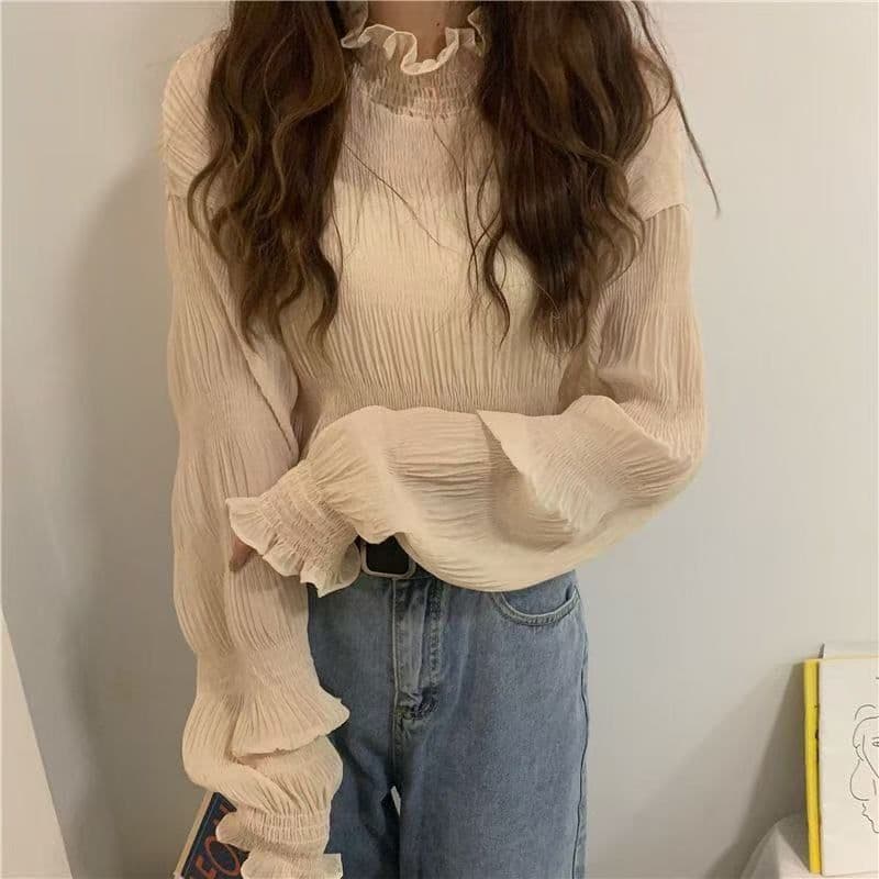 빅 사이즈 여성 의류 쉬폰 기본 셔츠 여성 지방 mm 봄 가을 단색 레이스 프릴 반하이넥 연령 감소 인사이드 잡아라. 의류 상세 이미지 6