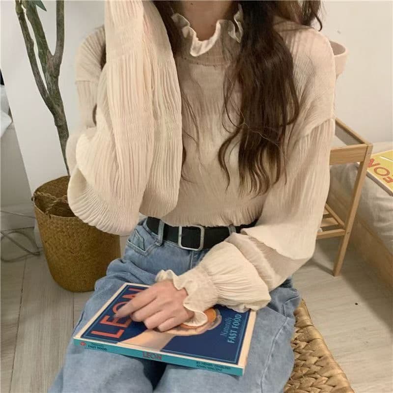 빅 사이즈 여성 의류 쉬폰 기본 셔츠 여성 지방 mm 봄 가을 단색 레이스 프릴 반하이넥 연령 감소 인사이드 잡아라. 의류 상세 이미지 7