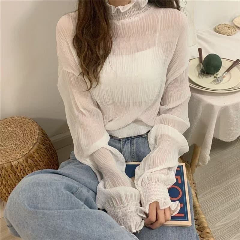 빅 사이즈 여성 의류 쉬폰 기본 셔츠 여성 지방 mm 봄 가을 단색 레이스 프릴 반하이넥 연령 감소 인사이드 잡아라. 의류 상세 이미지 8