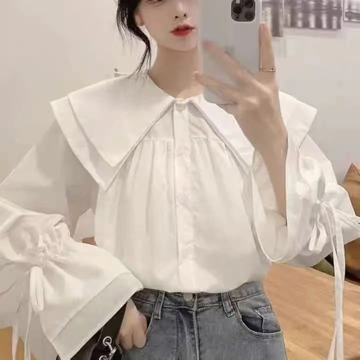 화이트 베이비 칼라 셔츠 여성 의류 봄 가을 디자인 센스 셔츠 새로운 달콤함 한 부서 긴팔 맨위 상세 이미지 8