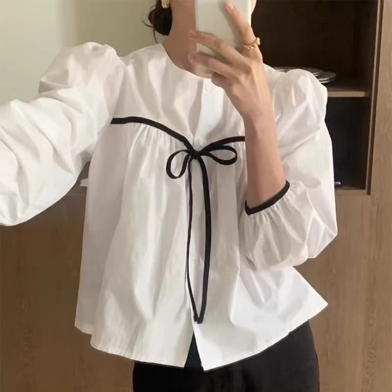 한국 chic 봄 새로운 외국 가스 라운드 넥 레이스업 나비 매듭 배색 루즈핏 캐주얼 다용도 긴팔 여성 셔츠 이미지 2