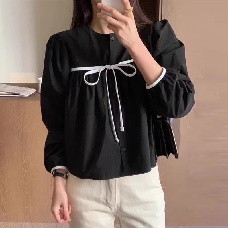 한국 chic 봄 새로운 외국 가스 라운드 넥 레이스업 나비 매듭 배색 루즈핏 캐주얼 다용도 긴팔 여성 셔츠 상세 이미지 4