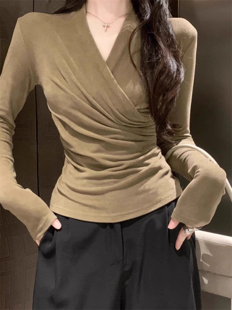 모달 1 1260 그램 검정색 십자가 V넥 긴팔 티셔츠 순수한 욕망 인사이드 가져 가라. 주름 긍정적 인 어깨 의류 이미지 3