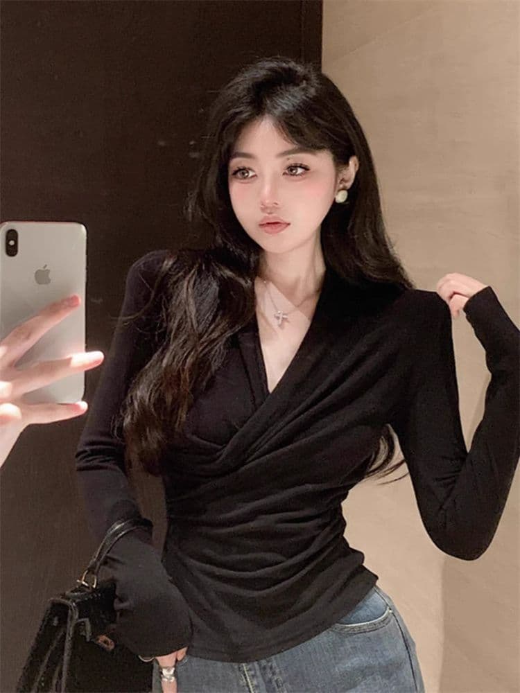 모달 1 1260 그램 검정색 십자가 V넥 긴팔 티셔츠 순수한 욕망 인사이드 가져 가라. 주름 긍정적 인 어깨 의류 상세 이미지 2
