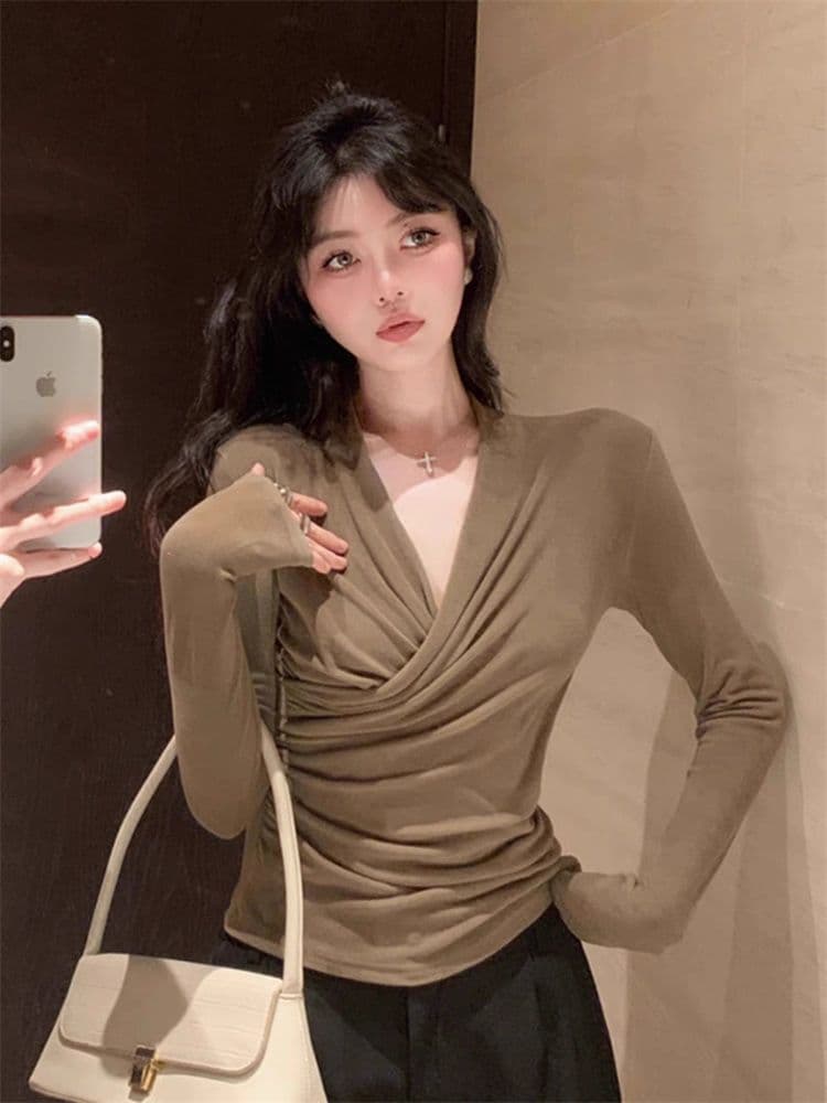 모달 1 1260 그램 검정색 십자가 V넥 긴팔 티셔츠 순수한 욕망 인사이드 가져 가라. 주름 긍정적 인 어깨 의류 상세 이미지 5