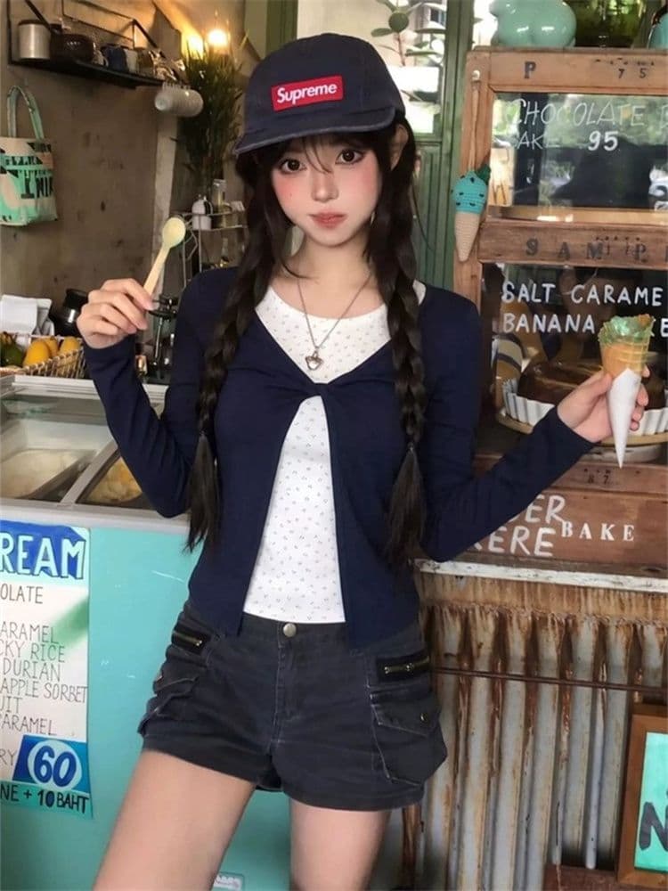 1 1 모달 260 그램 프랑스식 부드러운 도트 무늬 안감 패치워크 페이크 레이어드 긴팔 가을 몸매 가꾸기 슬림해 보이는 맨위 상세 이미지 3