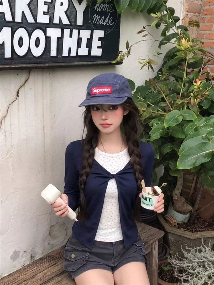 1 1 모달 260 그램 프랑스식 부드러운 도트 무늬 안감 패치워크 페이크 레이어드 긴팔 가을 몸매 가꾸기 슬림해 보이는 맨위 상세 이미지 4