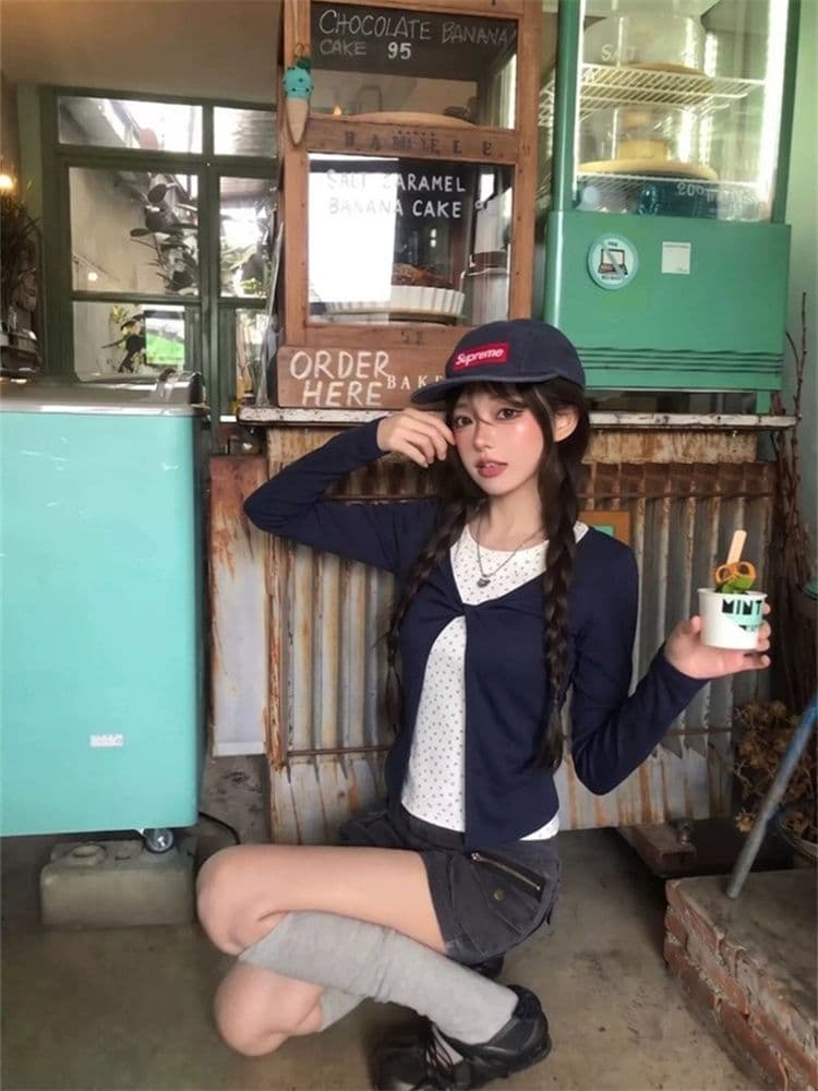 1 1 모달 260 그램 프랑스식 부드러운 도트 무늬 안감 패치워크 페이크 레이어드 긴팔 가을 몸매 가꾸기 슬림해 보이는 맨위 상세 이미지 6