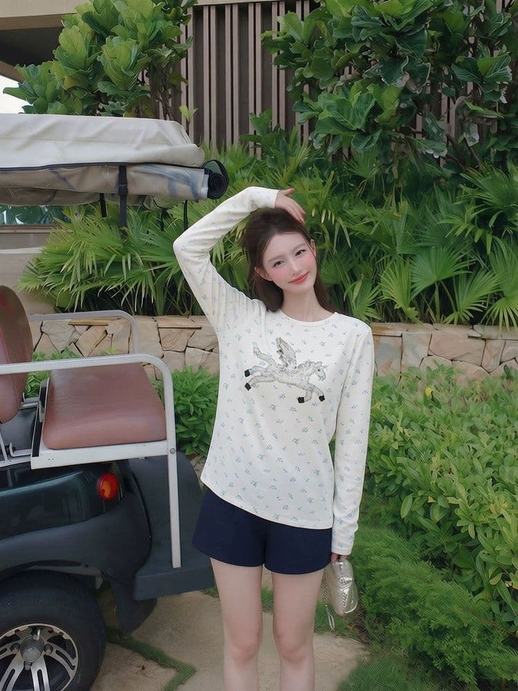 1 1 라이 우아한 260 그램 캡처 꿈 유니콘 전체 인쇄 꽃무늬 구덩이 기사 질감 센스 맨위 여성 가을 라운드 넥 긴팔 티셔츠 상세 이미지 5