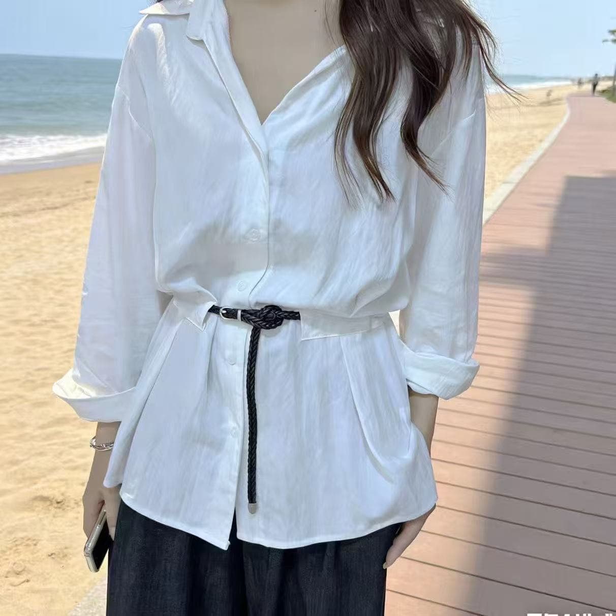 한국 chic 미니멀리즘 몸매 가꾸기 디스플레이 출퇴근 얇은 한 부서 부드러운 다용도 봄 가을 폴로 칼라 긴팔 자외선 차단 화이트 셔츠 상세 이미지 6