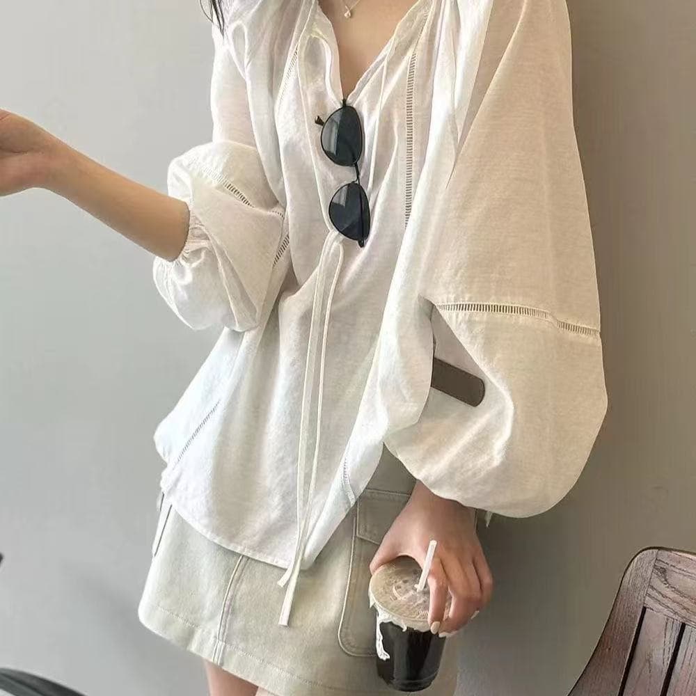 느긋한 바람 벌룬 소매 V넥 거품 소매 퍼프 작은 대중 긴팔 프랑스식 맨위 레트로 얇은 스타일 일본식 인형 셔츠 이미지 5