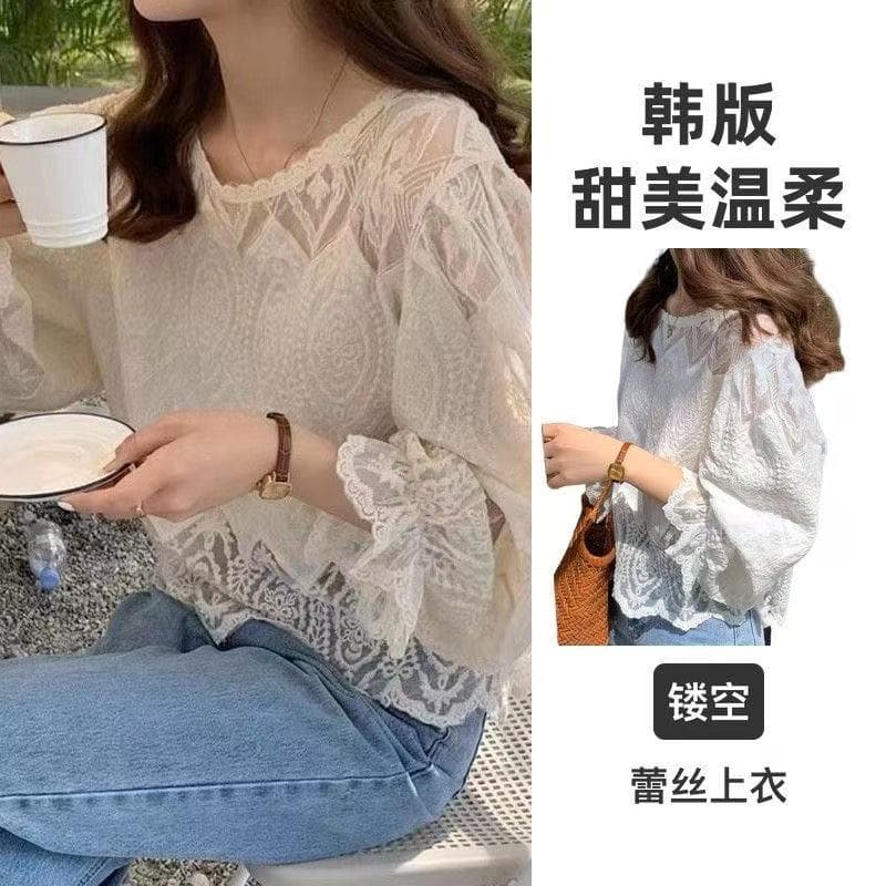 2026 한국 chic 가을 새로운 한국 스타일 달콤함 부드러운 맨위 인터넷 유명인 슈퍼 ins 품격 홀로우 아웃 레이스 셔츠 상세 이미지 3