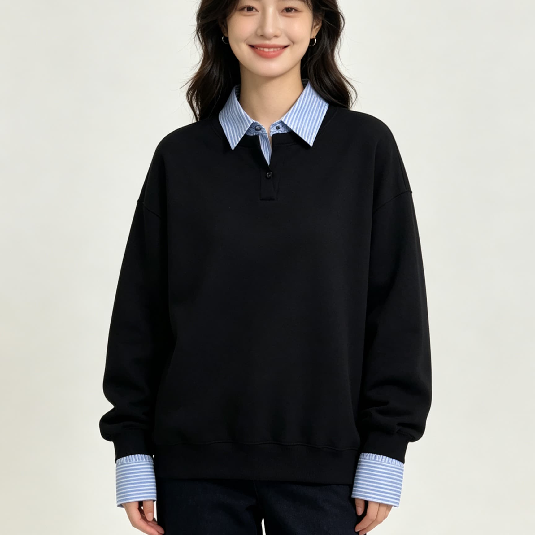 얇은 스타일 조수 브랜드 남녀 커플 후드티 봄 가을 새로운 패치워크 페이크 레이어드 단색 셔츠 칼라 맨위