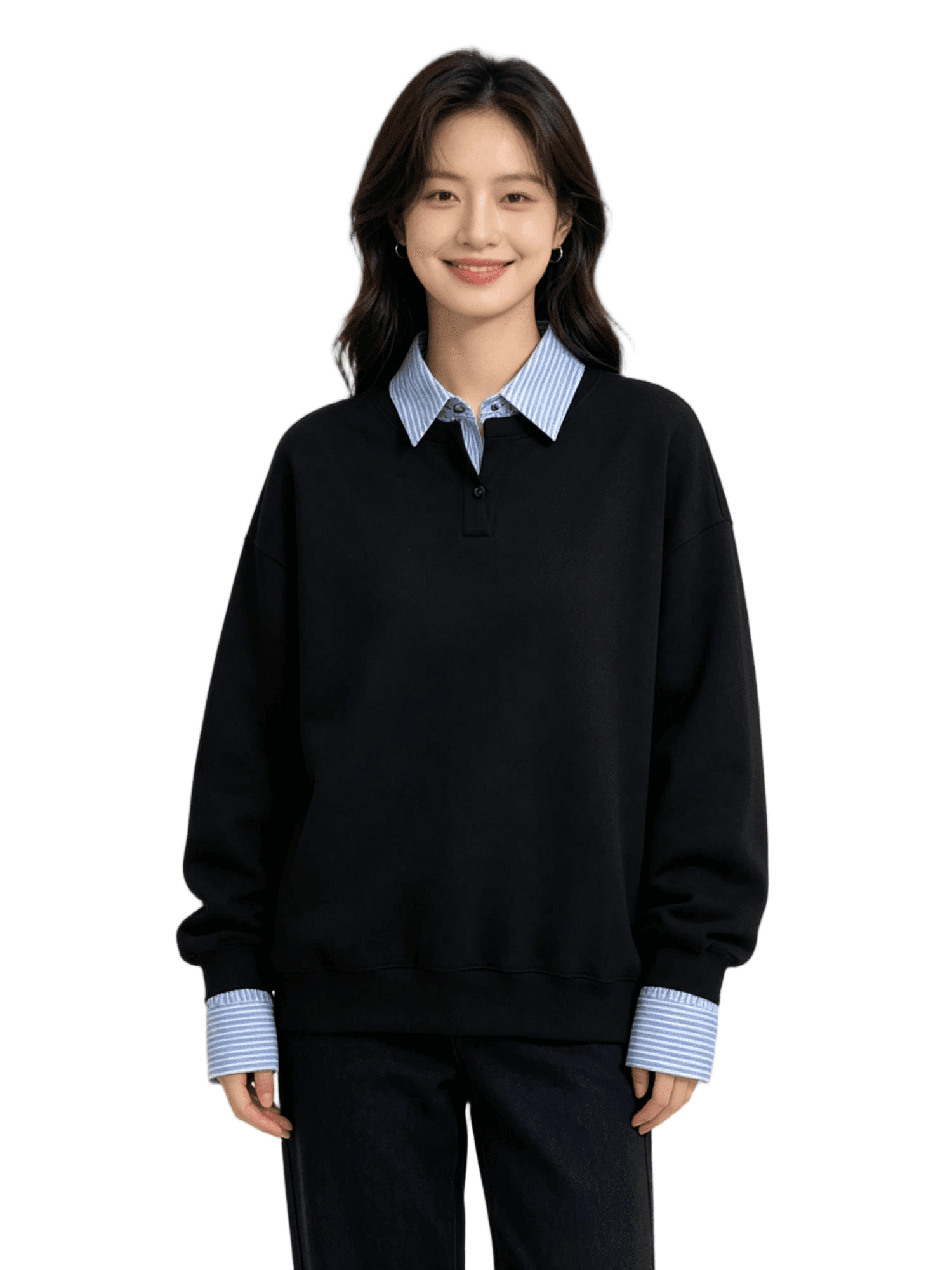 얇은 스타일 조수 브랜드 남녀 커플 후드티 봄 가을 새로운 패치워크 페이크 레이어드 단색 셔츠 칼라 맨위 상세 이미지 2