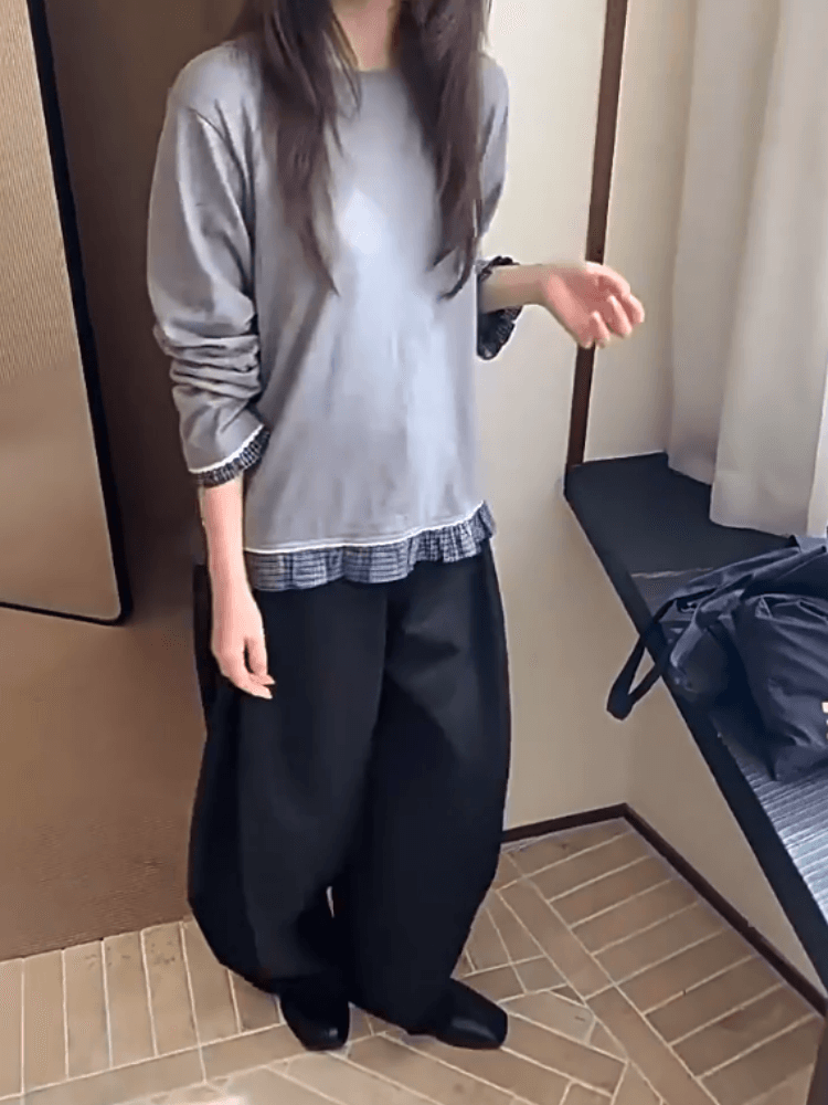 1 1 차가운 실크 코튼 210 그램 한 부서 레이스 체크무늬 패치워크 밑단 긴팔 티셔츠 여성 가을 겨울 느긋한 센스 맨위 이미지 4