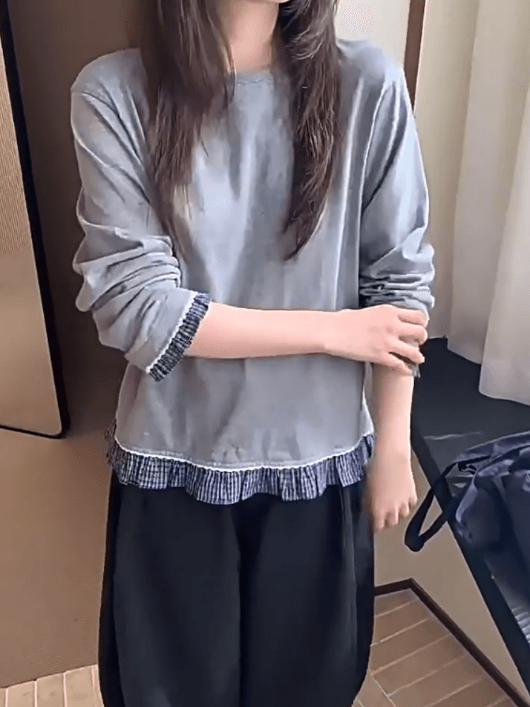 1 1 차가운 실크 코튼 210 그램 한 부서 레이스 체크무늬 패치워크 밑단 긴팔 티셔츠 여성 가을 겨울 느긋한 센스 맨위 상세 이미지 2