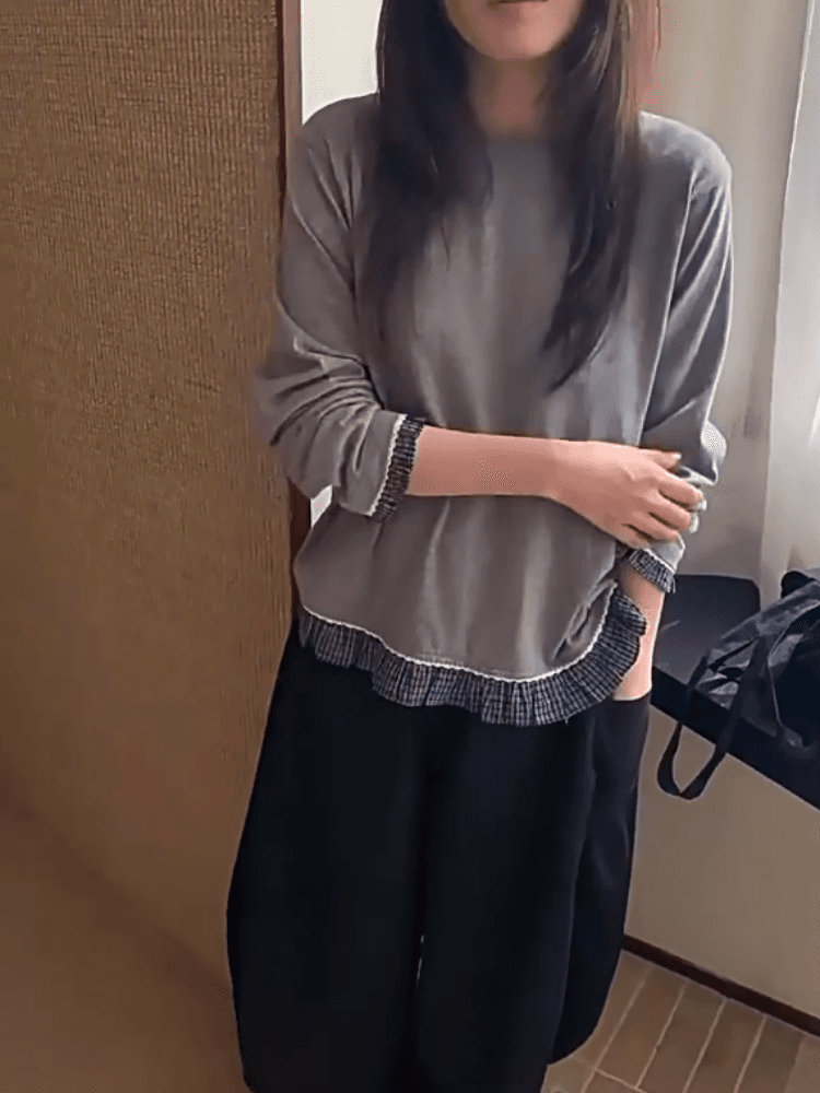 1 1 차가운 실크 코튼 210 그램 한 부서 레이스 체크무늬 패치워크 밑단 긴팔 티셔츠 여성 가을 겨울 느긋한 센스 맨위 상세 이미지 6