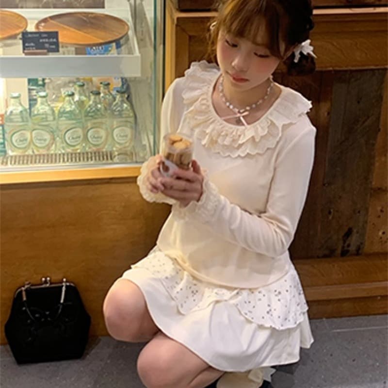 원본 친밀한 주 한 부서 달콤함 작은 대중 레이스 레이스 패치워크 기본 셔츠 여성 겨울 프릴 인사이드 잡아라. 의류 이미지 5
