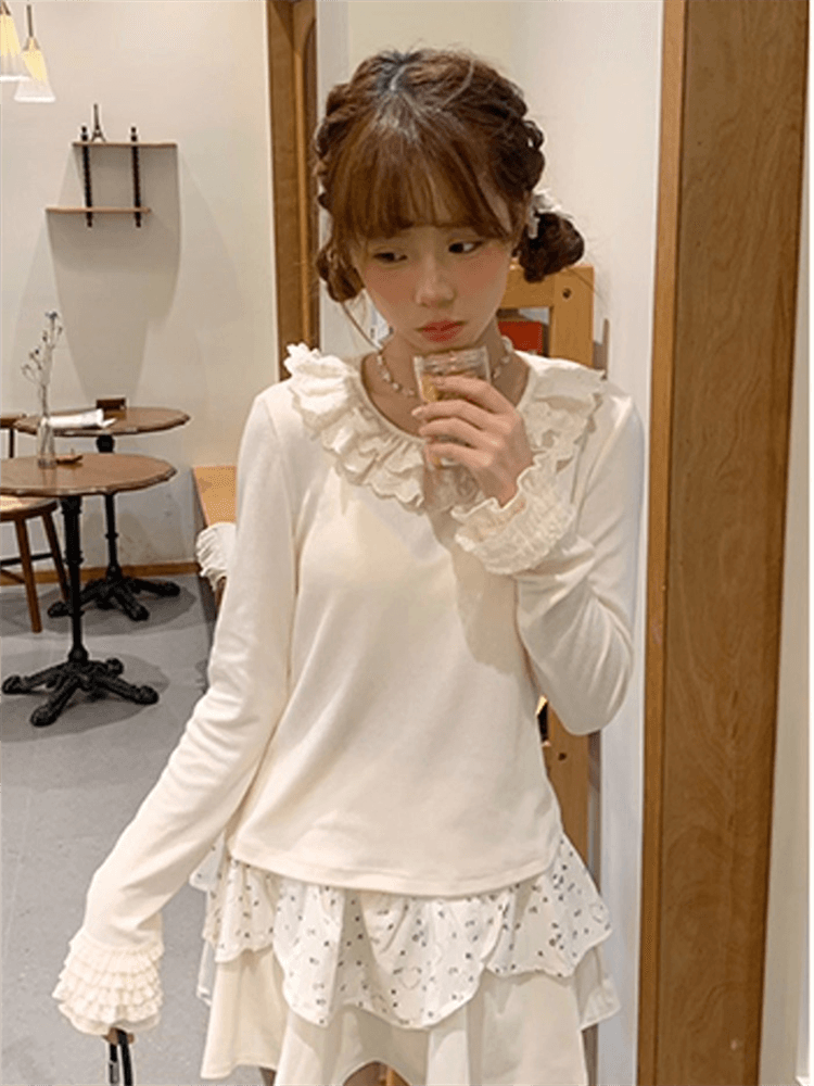 원본 친밀한 주 한 부서 달콤함 작은 대중 레이스 레이스 패치워크 기본 셔츠 여성 겨울 프릴 인사이드 잡아라. 의류 상세 이미지 4