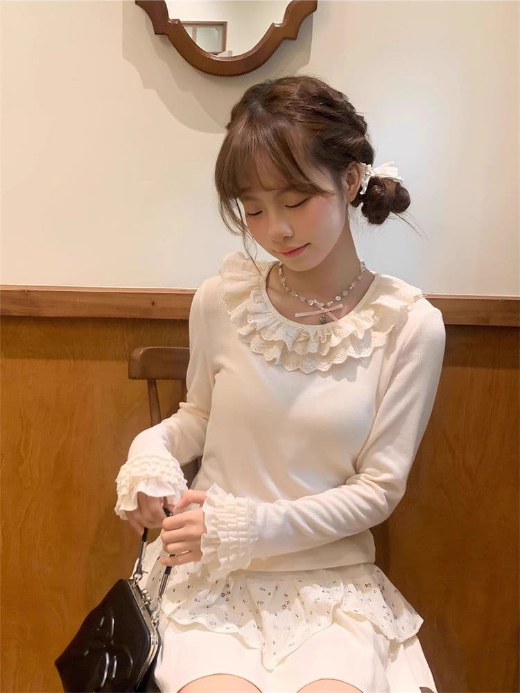 원본 친밀한 주 한 부서 달콤함 작은 대중 레이스 레이스 패치워크 기본 셔츠 여성 겨울 프릴 인사이드 잡아라. 의류 상세 이미지 9