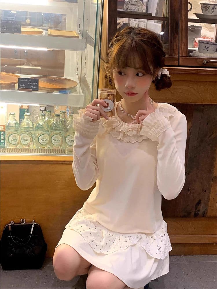 원본 친밀한 주 한 부서 달콤함 작은 대중 레이스 레이스 패치워크 기본 셔츠 여성 겨울 프릴 인사이드 잡아라. 의류 상세 이미지 10