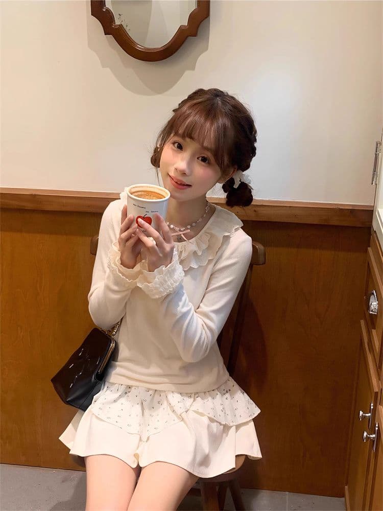 원본 친밀한 주 한 부서 달콤함 작은 대중 레이스 레이스 패치워크 기본 셔츠 여성 겨울 프릴 인사이드 잡아라. 의류 상세 이미지 11