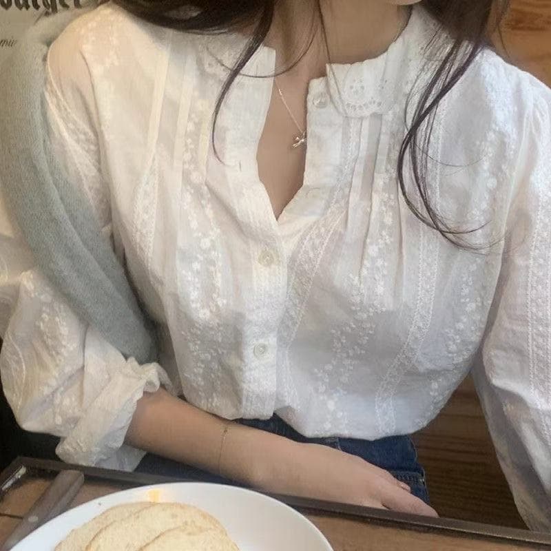 레이스 레이스 프랑스식 버블 라운드 넥 셔츠 새로운 루즈핏 셔츠 품격 자수 화이트 맨위 긴팔 선적