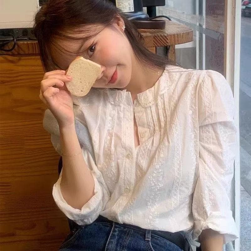 레이스 레이스 프랑스식 버블 라운드 넥 셔츠 새로운 루즈핏 셔츠 품격 자수 화이트 맨위 긴팔 선적 상세 이미지 6