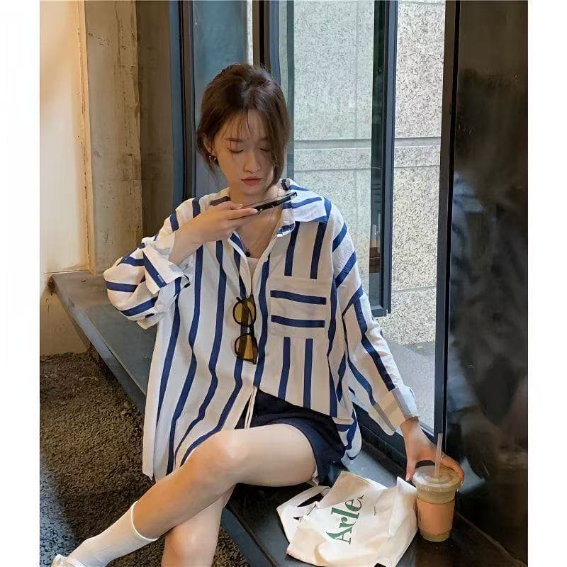 2026 봄 가을 새로운 레트로 스트라이프 여성 셔츠 ins 한국 스타일 루즈핏 다용도 셔츠 인사이드 가져 가라. 외출용 재킷 트렌디 상세 이미지 11