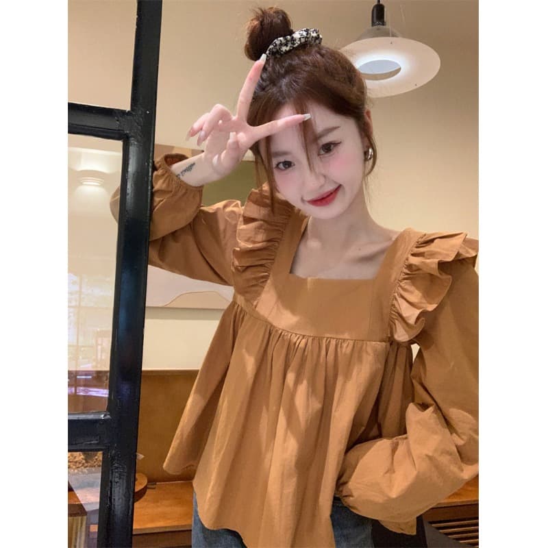 프랑스식 나비 매듭 광장 칼라 긴팔 여성 셔츠 봄 가을 디자인 센스 작은 대중 주름 백리스 루즈핏 프릴 맨위 상세 이미지 4