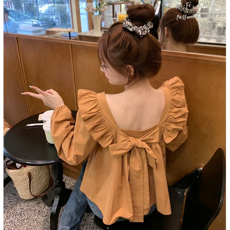 프랑스식 나비 매듭 광장 칼라 긴팔 여성 셔츠 봄 가을 디자인 센스 작은 대중 주름 백리스 루즈핏 프릴 맨위 상세 이미지 5