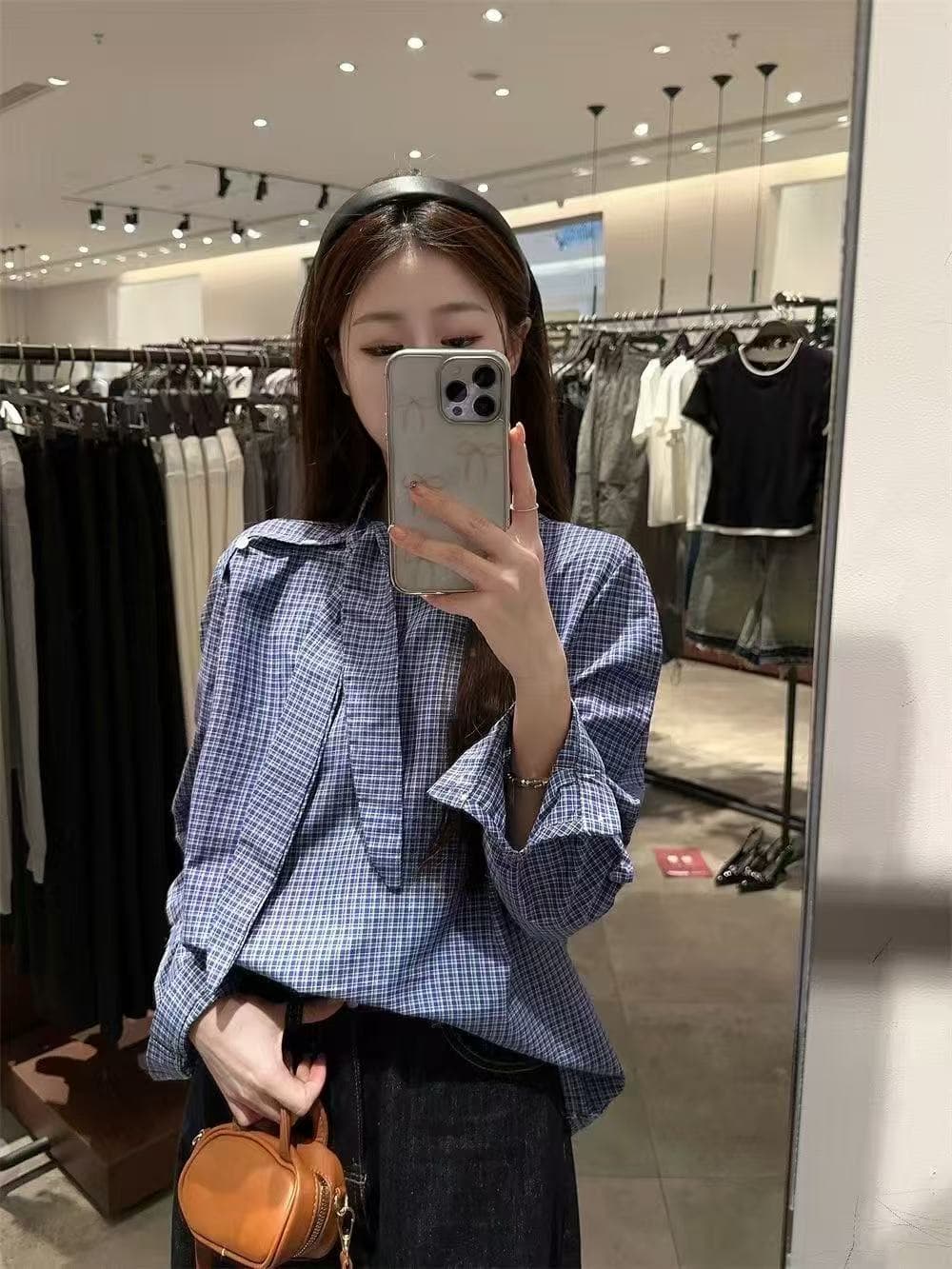 한국 chic Chic 달콤한 스타일 디자인 센스 작은 대중 나비 넥타이 레이스업 루즈핏 체크무늬 슬림해 보이는 긴팔 셔츠 여성 의류 상세 이미지 2