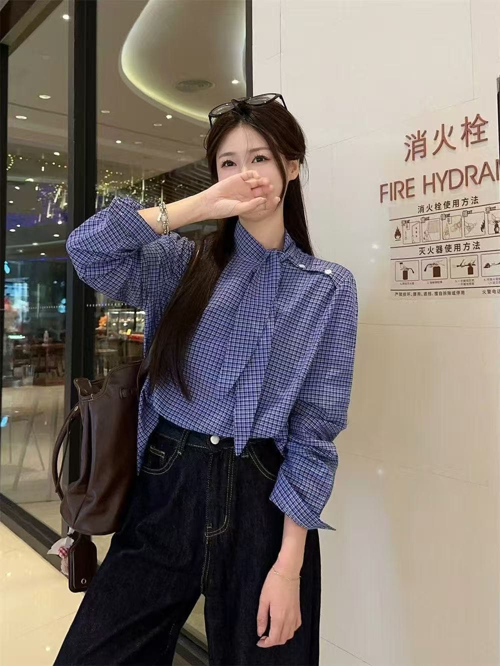 한국 chic Chic 달콤한 스타일 디자인 센스 작은 대중 나비 넥타이 레이스업 루즈핏 체크무늬 슬림해 보이는 긴팔 셔츠 여성 의류 상세 이미지 3