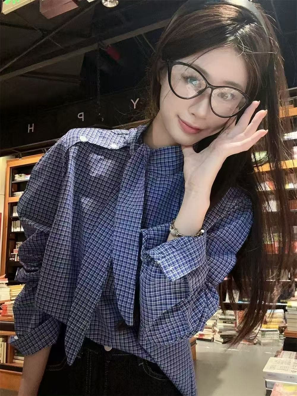 한국 chic Chic 달콤한 스타일 디자인 센스 작은 대중 나비 넥타이 레이스업 루즈핏 체크무늬 슬림해 보이는 긴팔 셔츠 여성 의류 상세 이미지 4