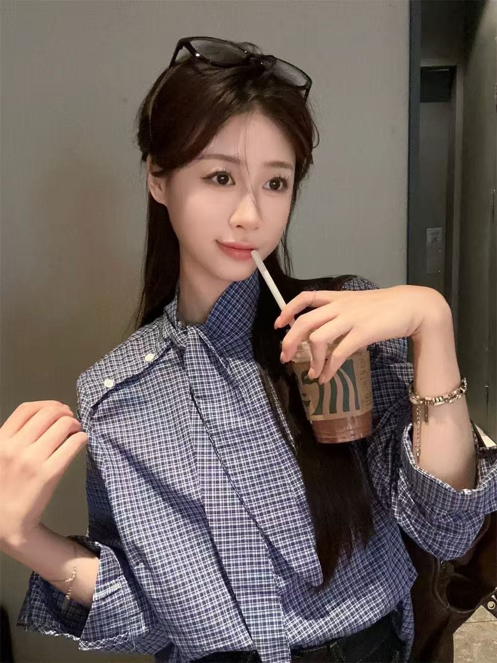 한국 chic Chic 달콤한 스타일 디자인 센스 작은 대중 나비 넥타이 레이스업 루즈핏 체크무늬 슬림해 보이는 긴팔 셔츠 여성 의류 상세 이미지 6
