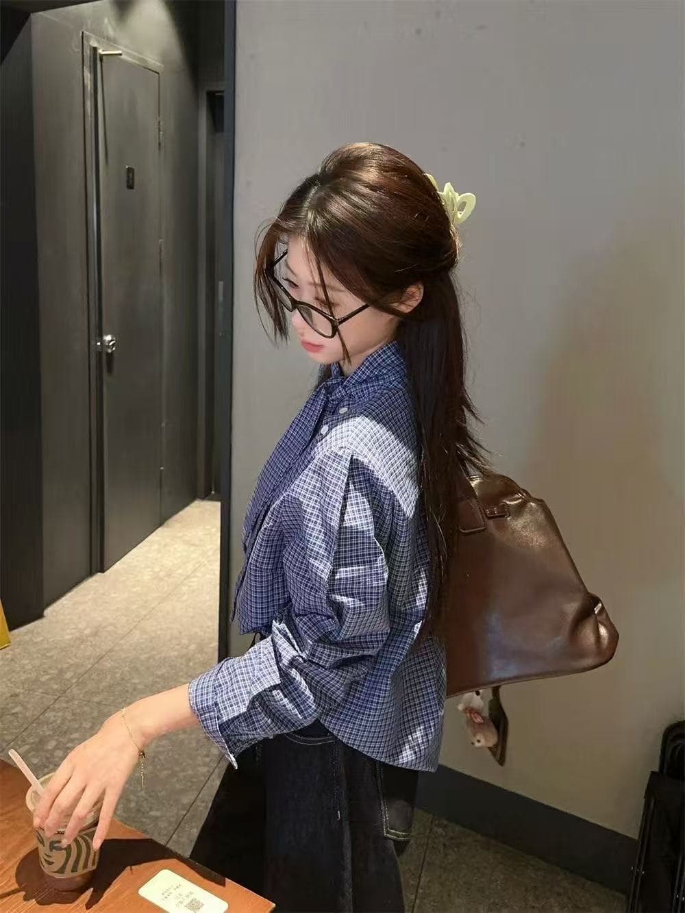 한국 chic Chic 달콤한 스타일 디자인 센스 작은 대중 나비 넥타이 레이스업 루즈핏 체크무늬 슬림해 보이는 긴팔 셔츠 여성 의류 상세 이미지 7