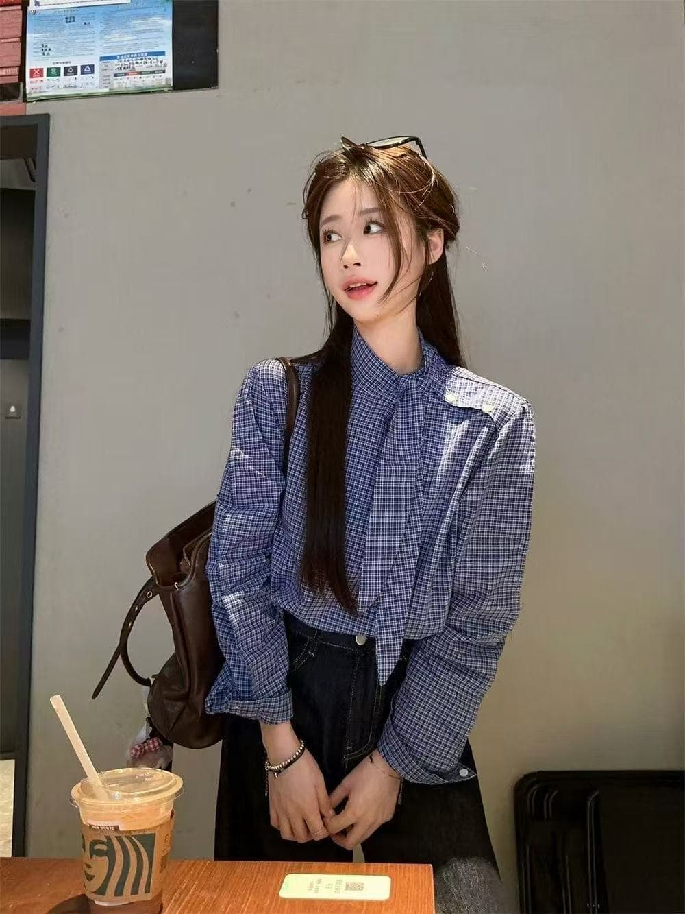 한국 chic Chic 달콤한 스타일 디자인 센스 작은 대중 나비 넥타이 레이스업 루즈핏 체크무늬 슬림해 보이는 긴팔 셔츠 여성 의류 상세 이미지 10