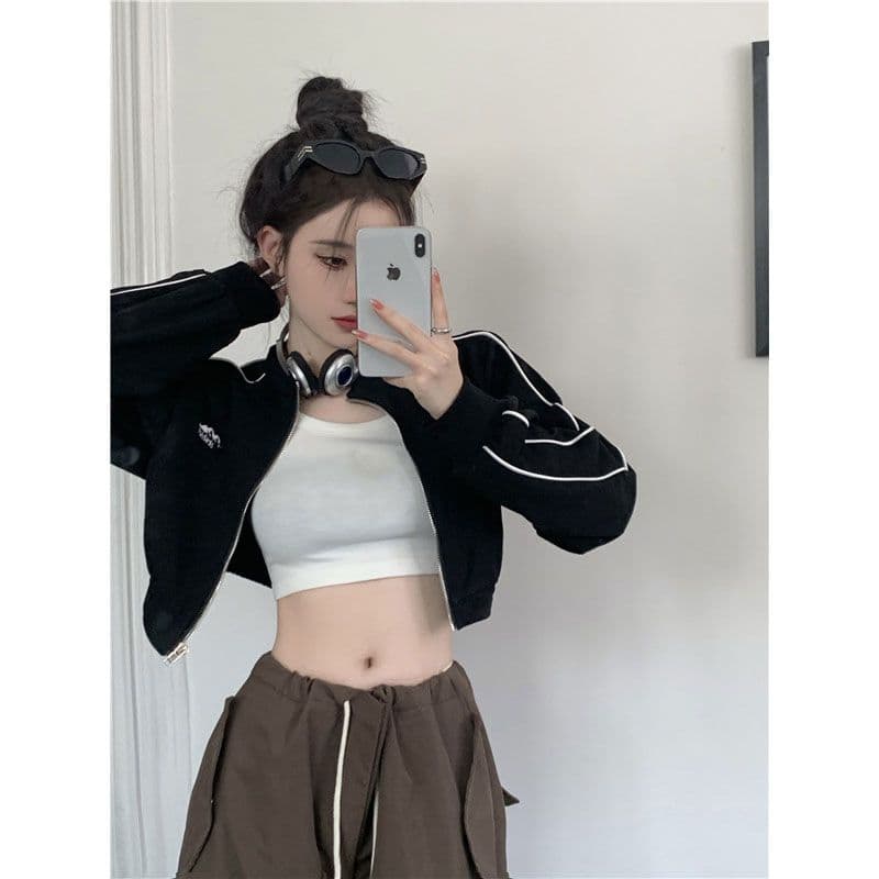 흔들어서 톤 품질 아메리칸 후드티 여성 긴 소매 재킷 이른 가을 레트로 이슬 뼈의 지퍼 오픈 가디건 쇼트 스타일 맨위 이미지 5