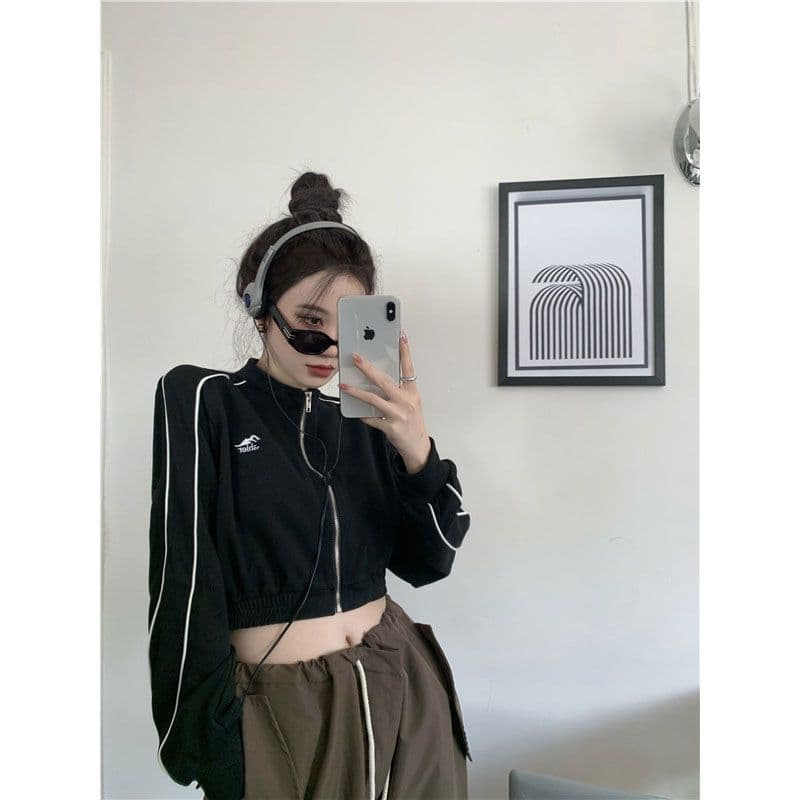 흔들어서 톤 품질 아메리칸 후드티 여성 긴 소매 재킷 이른 가을 레트로 이슬 뼈의 지퍼 오픈 가디건 쇼트 스타일 맨위 이미지 4