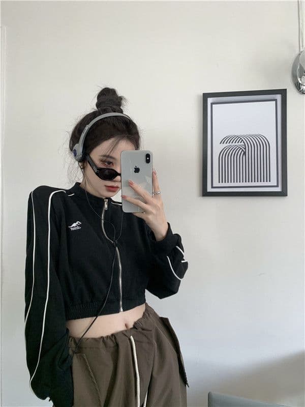 흔들어서 톤 품질 아메리칸 후드티 여성 긴 소매 재킷 이른 가을 레트로 이슬 뼈의 지퍼 오픈 가디건 쇼트 스타일 맨위 상세 이미지 4