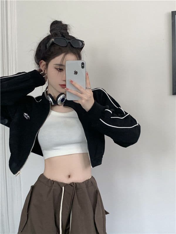흔들어서 톤 품질 아메리칸 후드티 여성 긴 소매 재킷 이른 가을 레트로 이슬 뼈의 지퍼 오픈 가디건 쇼트 스타일 맨위 상세 이미지 5