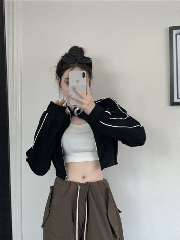 흔들어서 톤 품질 아메리칸 후드티 여성 긴 소매 재킷 이른 가을 레트로 이슬 뼈의 지퍼 오픈 가디건 쇼트 스타일 맨위 상세 이미지 6
