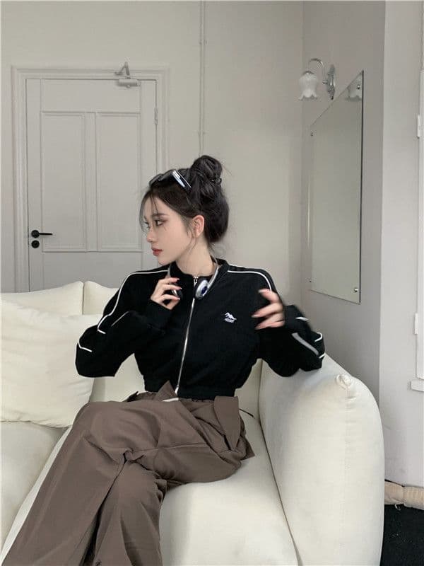 흔들어서 톤 품질 아메리칸 후드티 여성 긴 소매 재킷 이른 가을 레트로 이슬 뼈의 지퍼 오픈 가디건 쇼트 스타일 맨위 상세 이미지 8