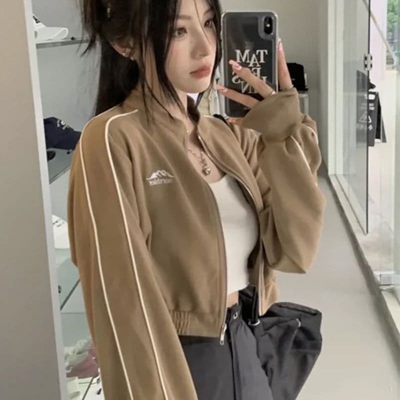 흔들어서 톤 품질 아메리칸 후드티 여성 긴 소매 재킷 이른 가을 레트로 이슬 뼈의 지퍼 오픈 가디건 쇼트 스타일 맨위 상세 이미지 16